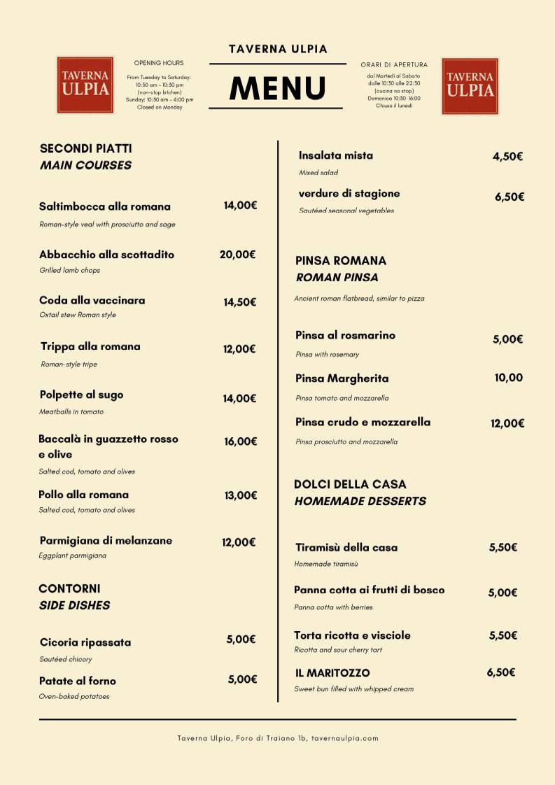 Menu di Taverna Ulpia 