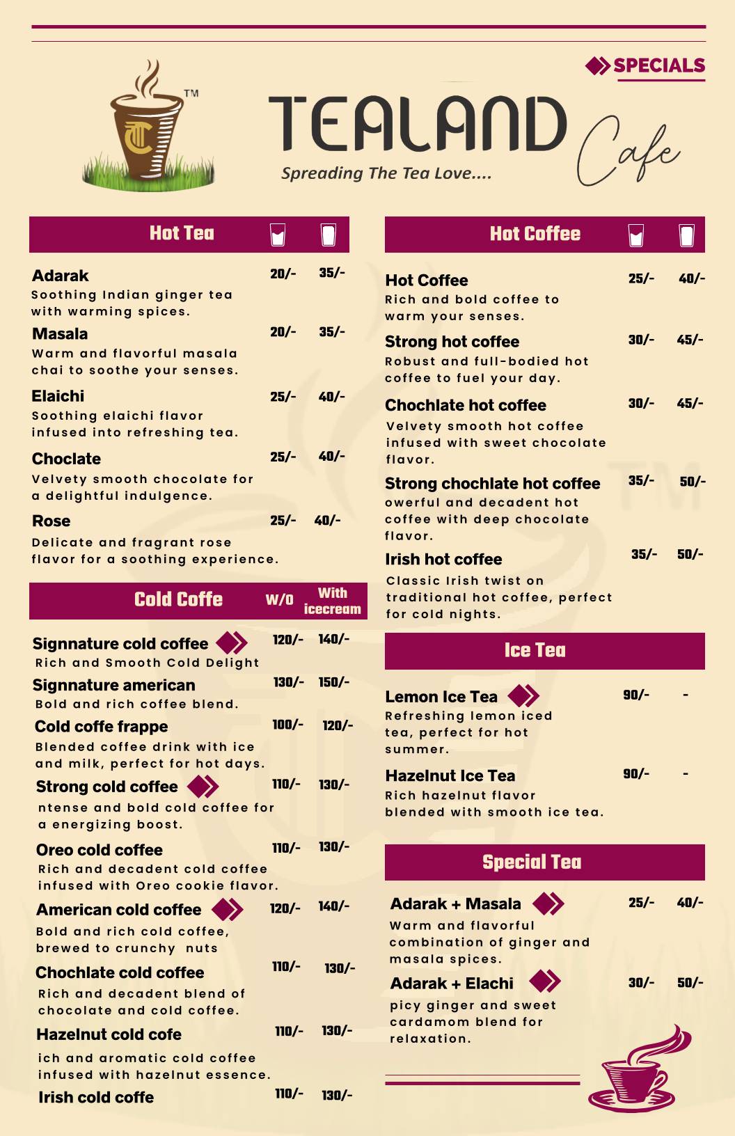 Tealand Cafe menu