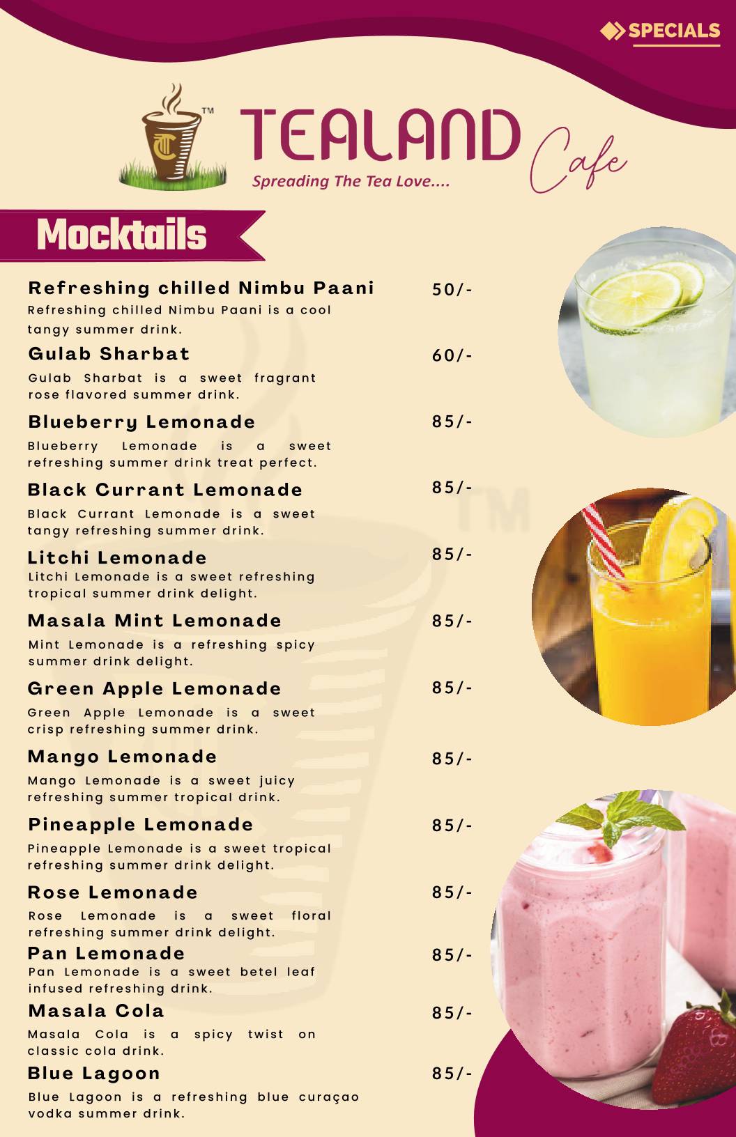 Tealand Cafe menu