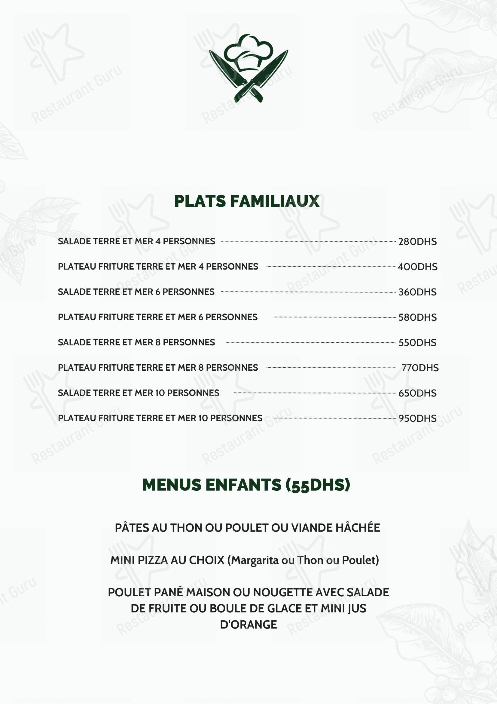 Menu pour Terre et Mer - Menu