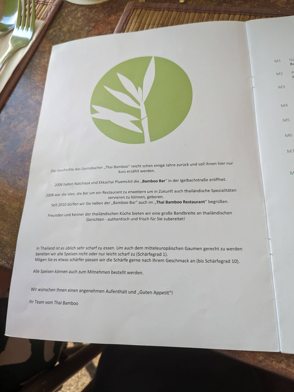 Menu de Thai-Bamboo