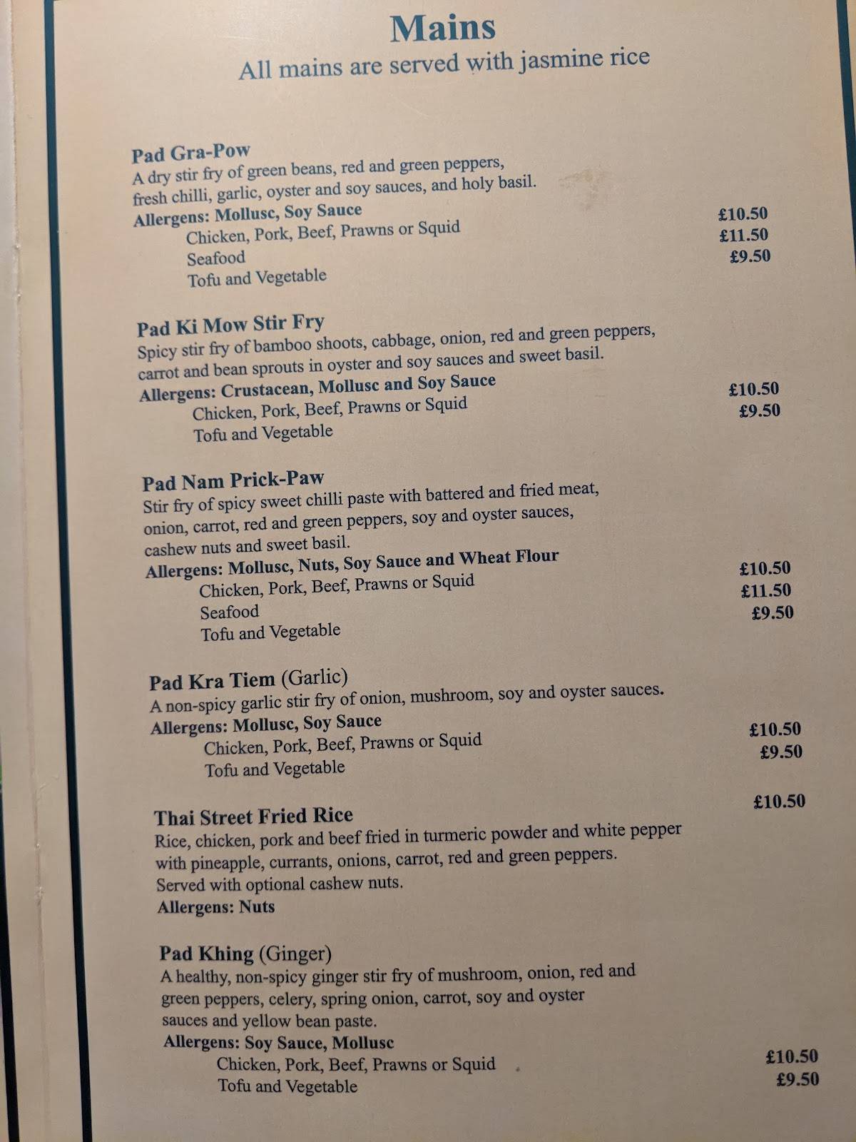 Menu at Thai Street Food restaurant, Worthing