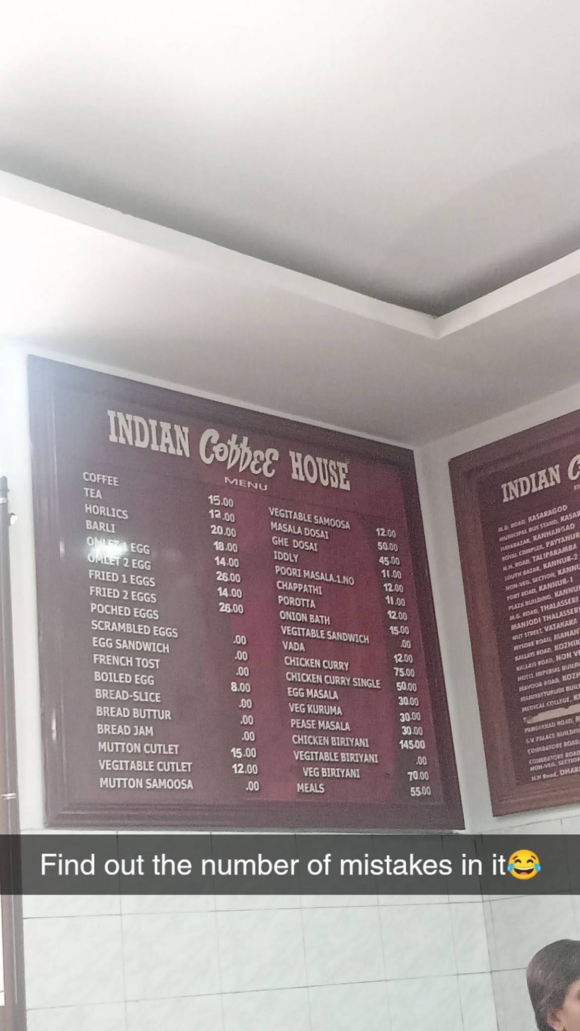 Indian Coffee House menu