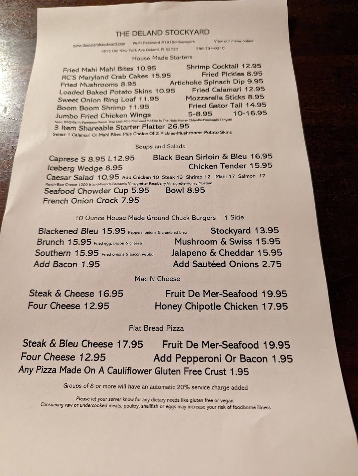 Menu at The DeLand Stockyard steakhouse, DeLand