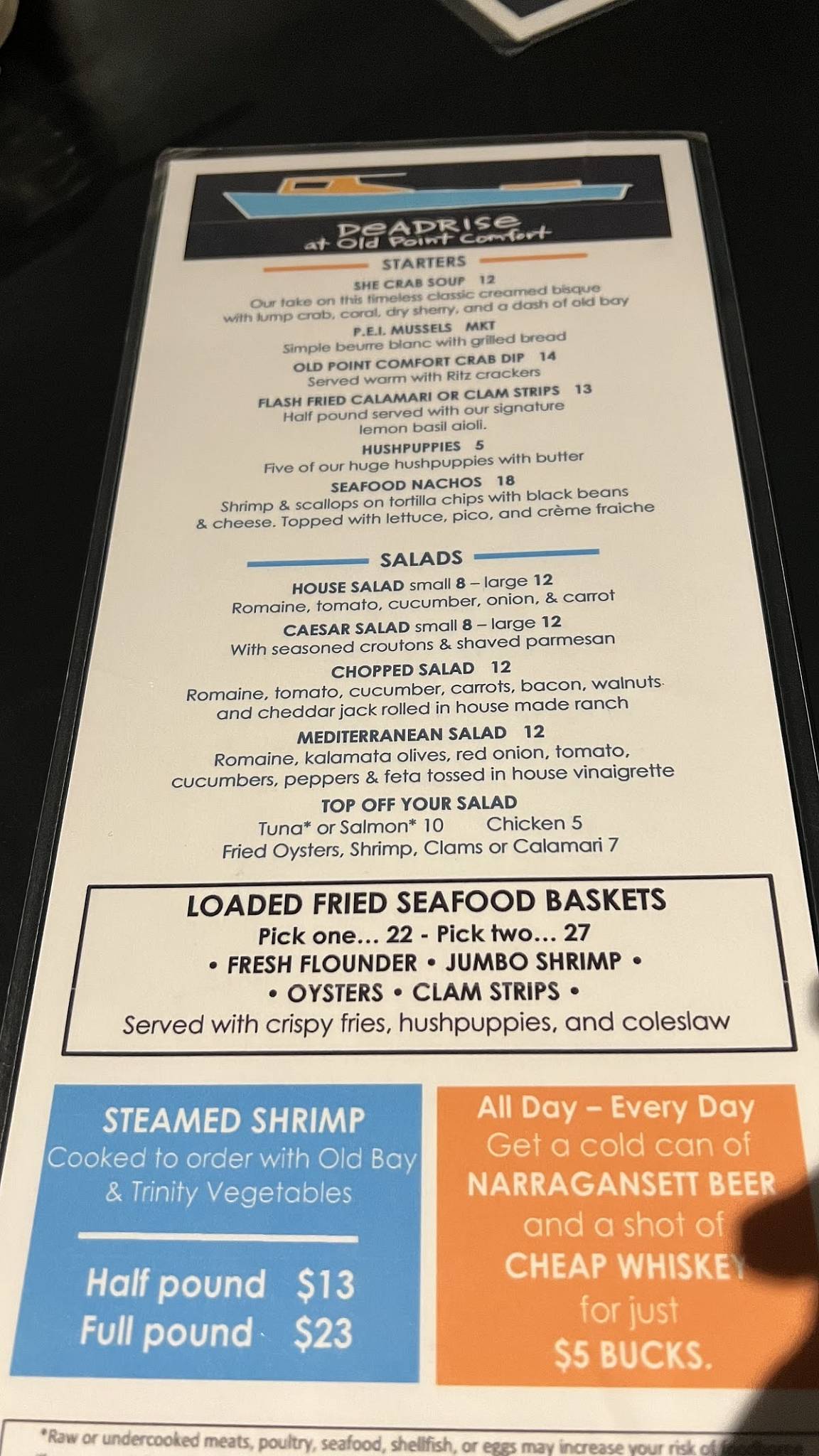 Menu at The Deadrise restaurant, Hampton, 100 McNair Dr