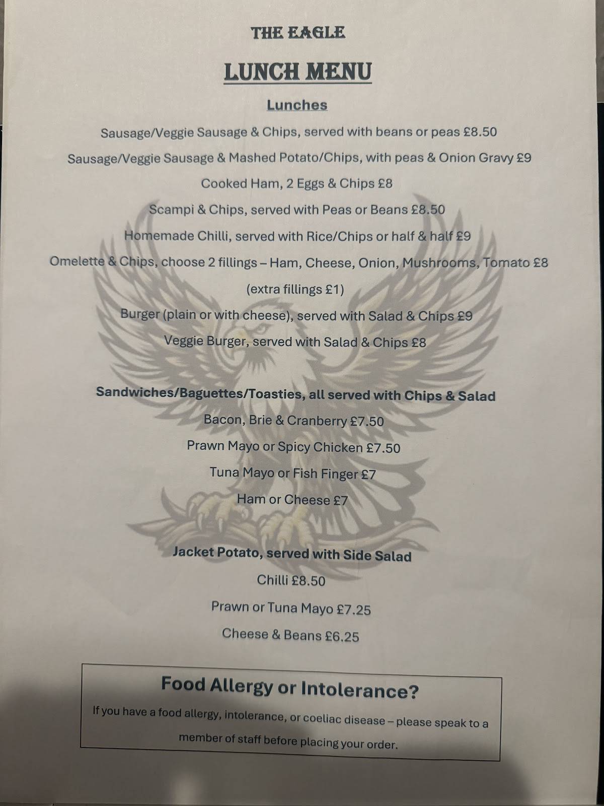 Menu at The Eagle Watchfield pub & bar, Shrivenham, Eagle Ln