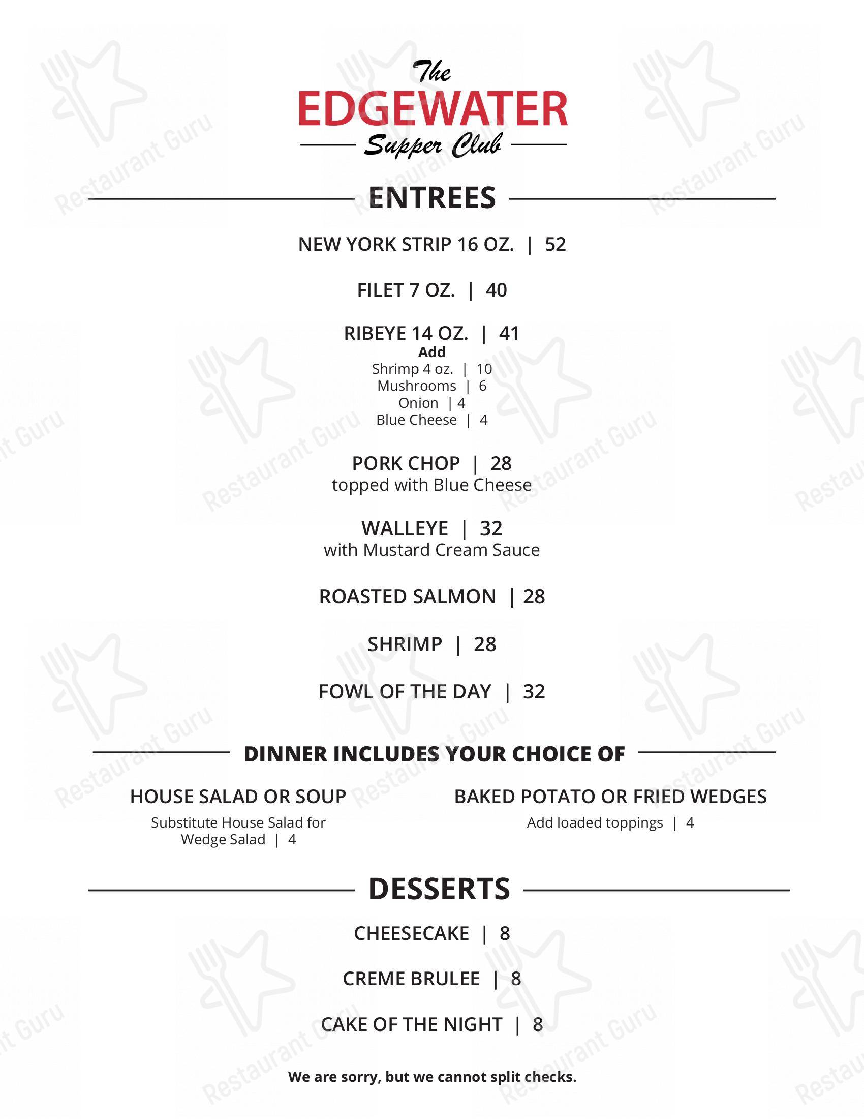 Menu at The Edgewater Supper Club, Jefferson