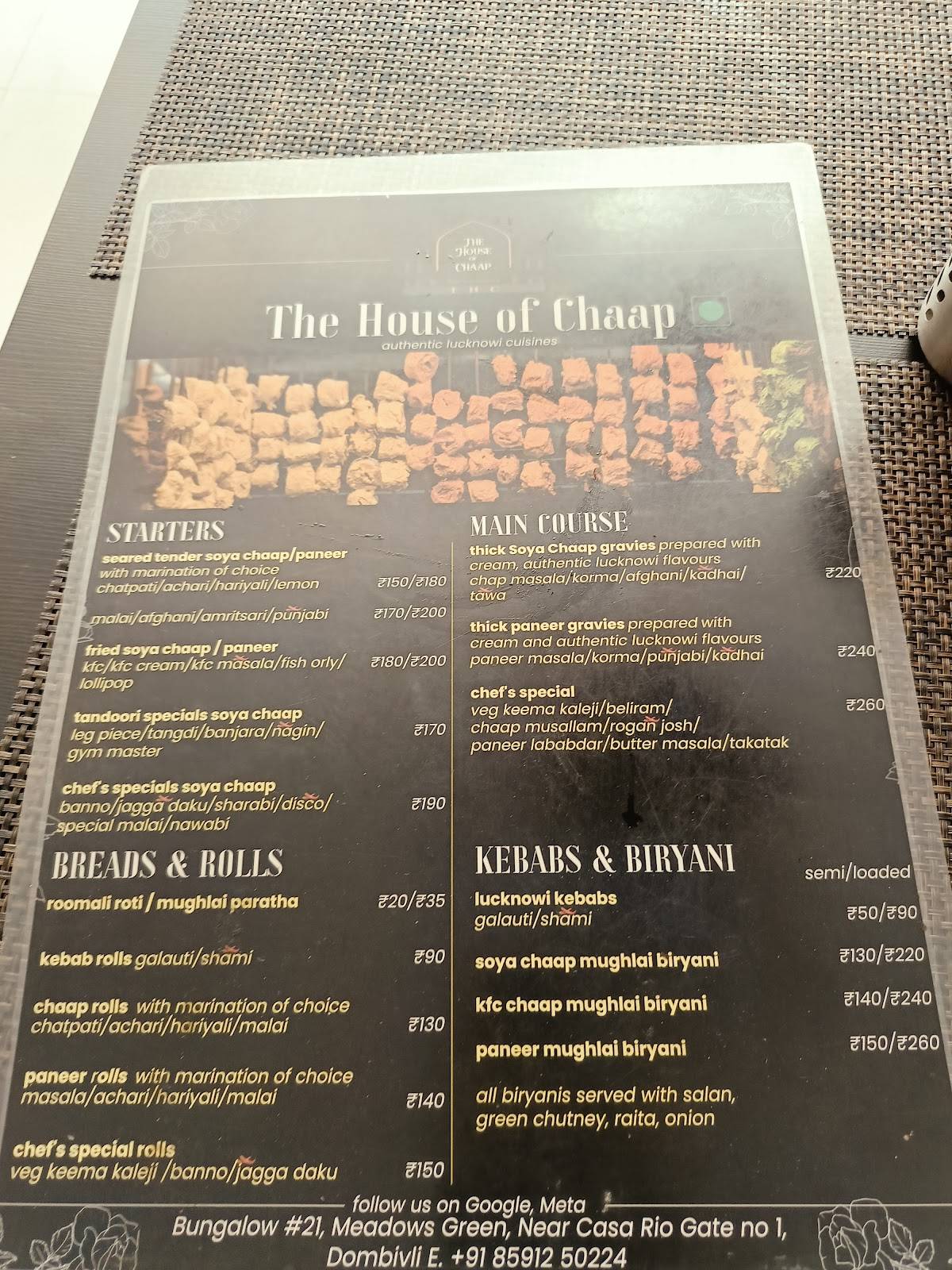 The House Of Chaap menu