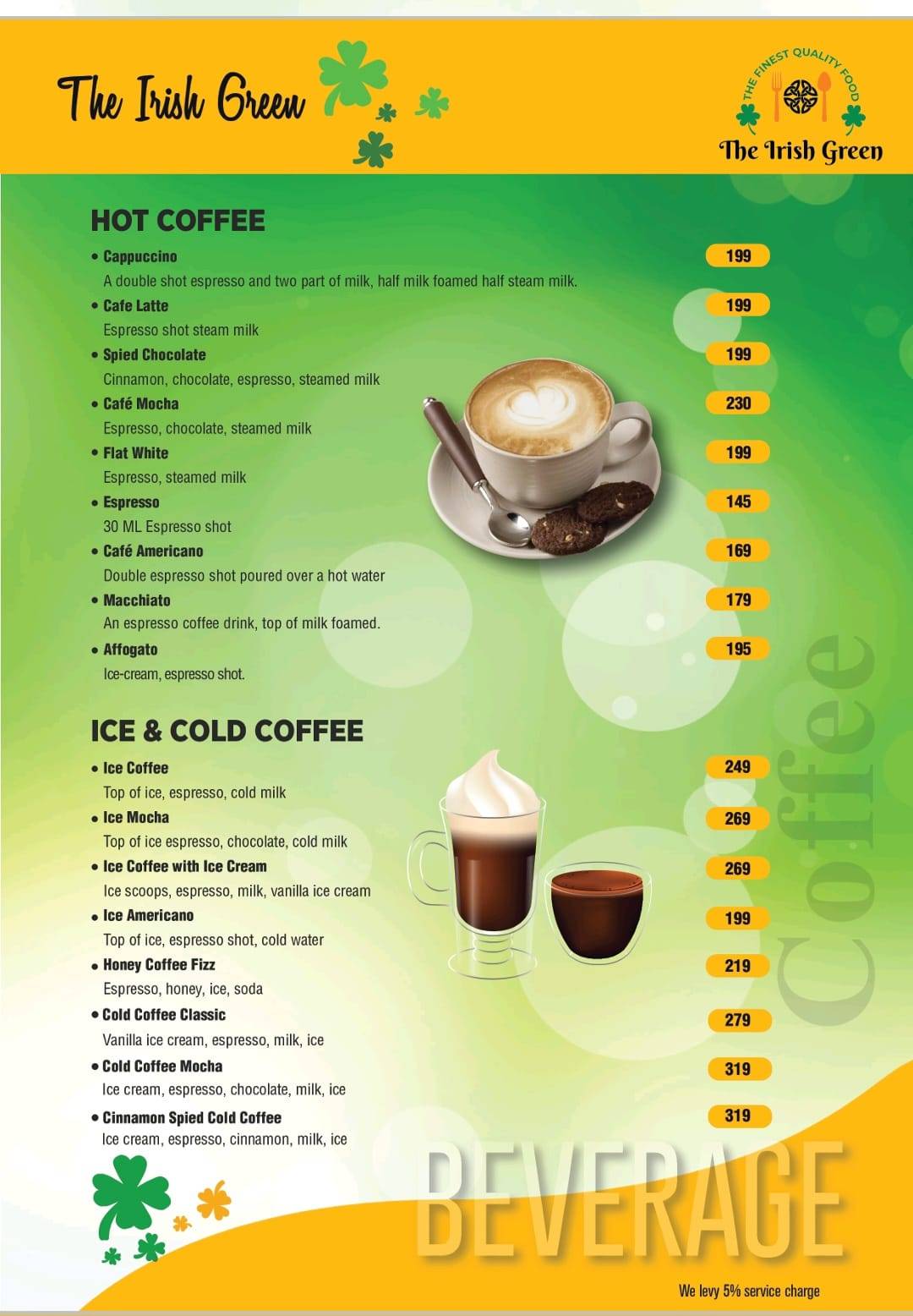 The Irish Green menu