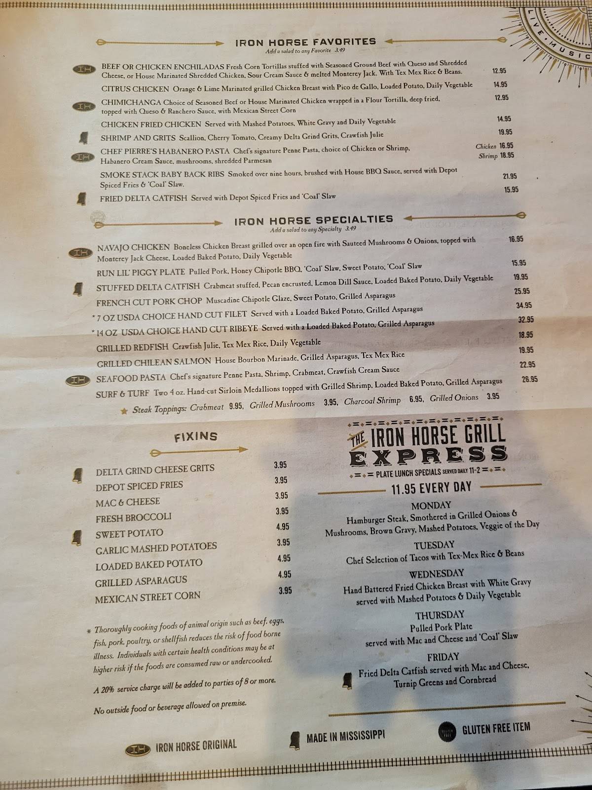 Menu at The Iron Horse Grill restaurant, Jackson