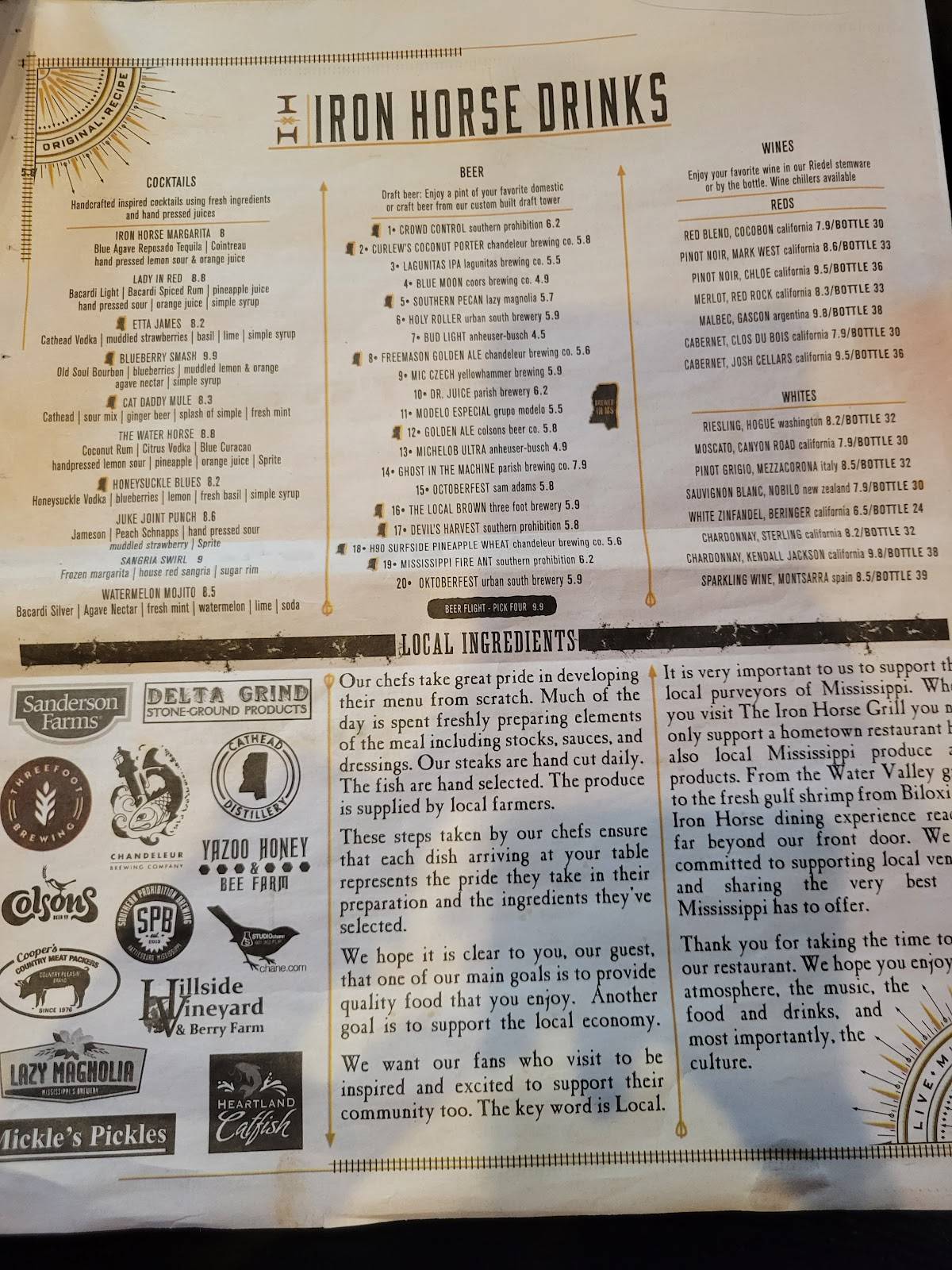 Menu at The Iron Horse Grill restaurant, Jackson