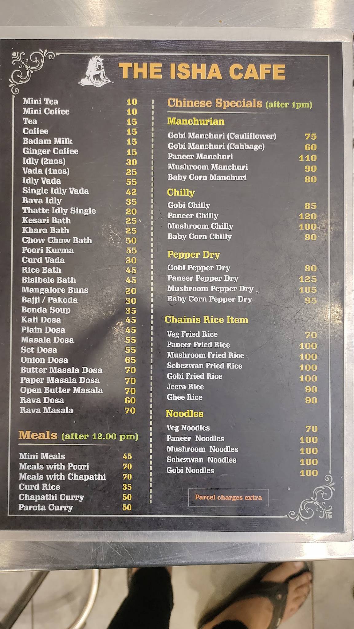 The Isha Cafe menu
