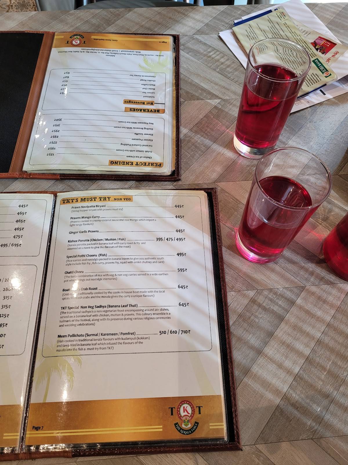 The Kerala Table menu