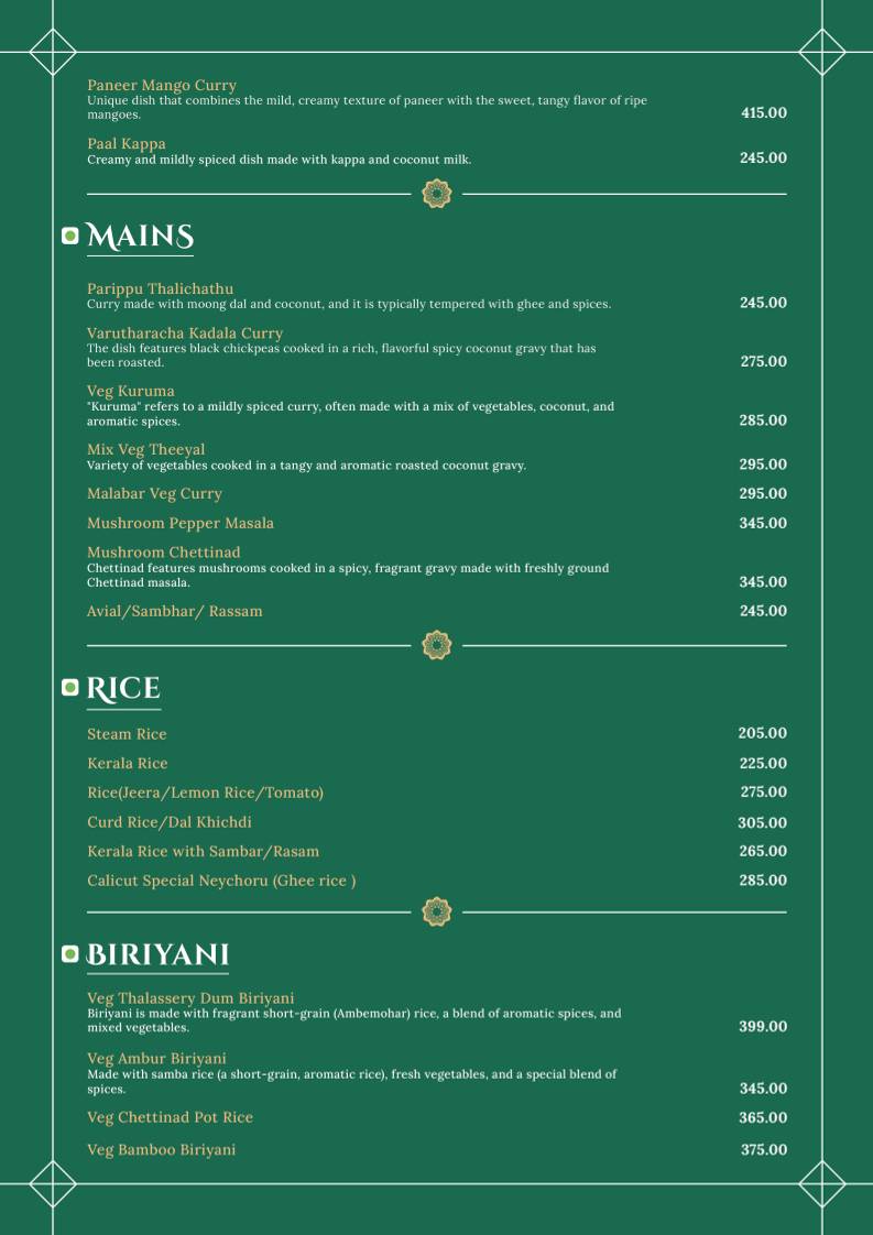The Kerala Table menu