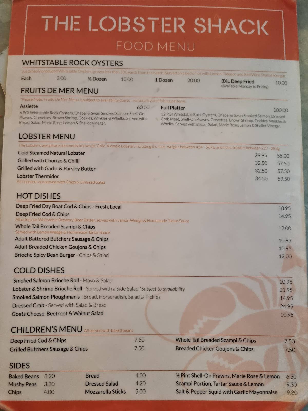 Menu at The Lobster Shack restaurant, Whitstable