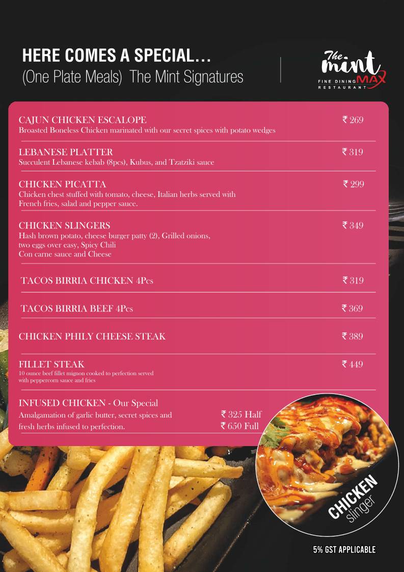 The Mint Max Restaurant menu