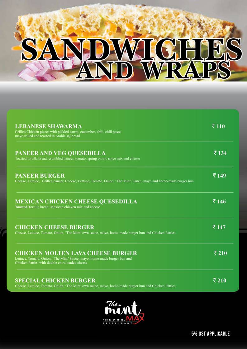 The Mint Max Restaurant menu