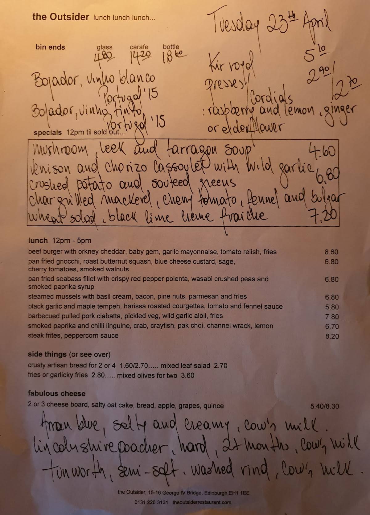 Menu at The Outsider Restaurant, Edinburgh, 1516 IV Bridge