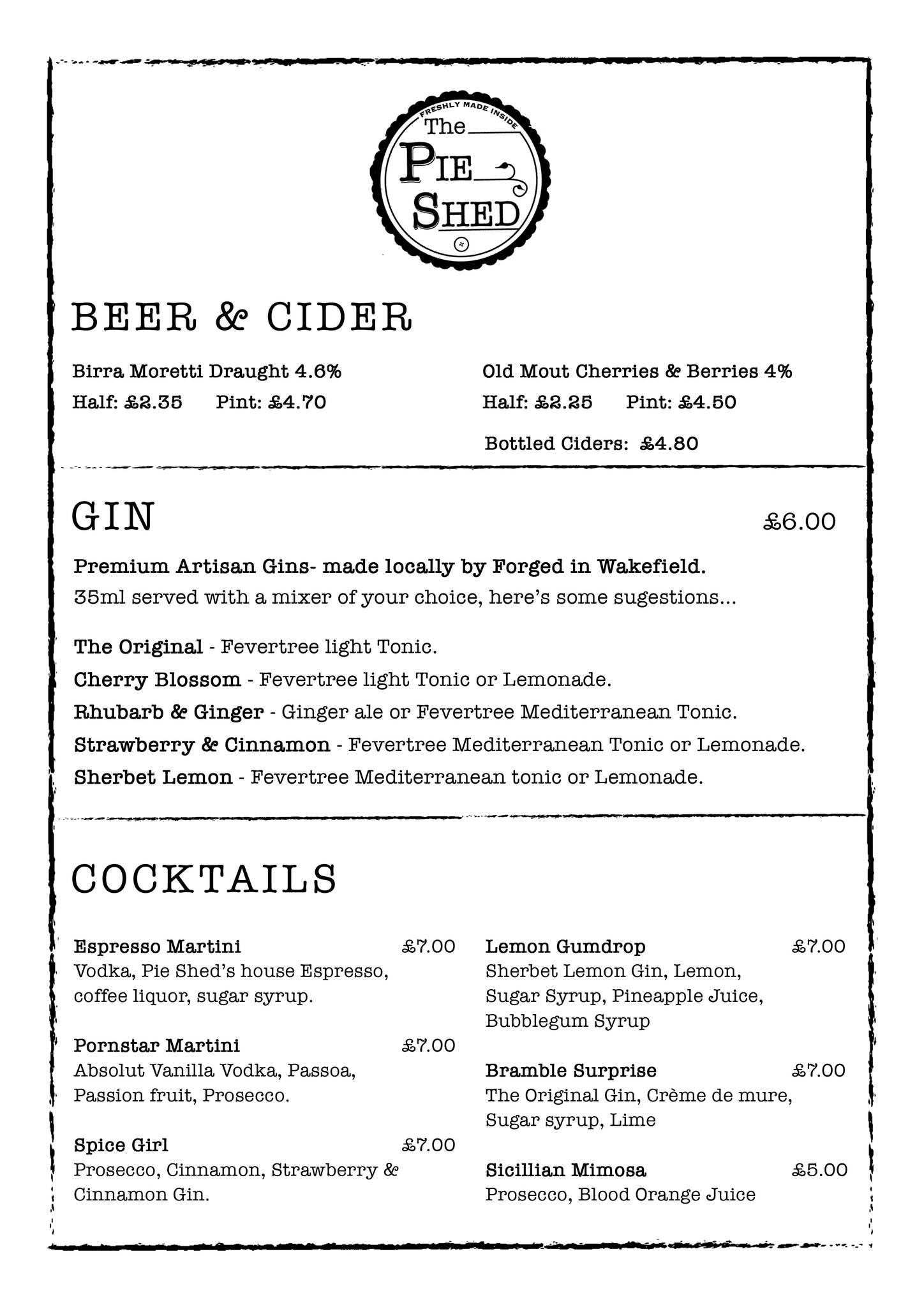 Menu at The Pie Shed Mirfield cafe, Mirfield