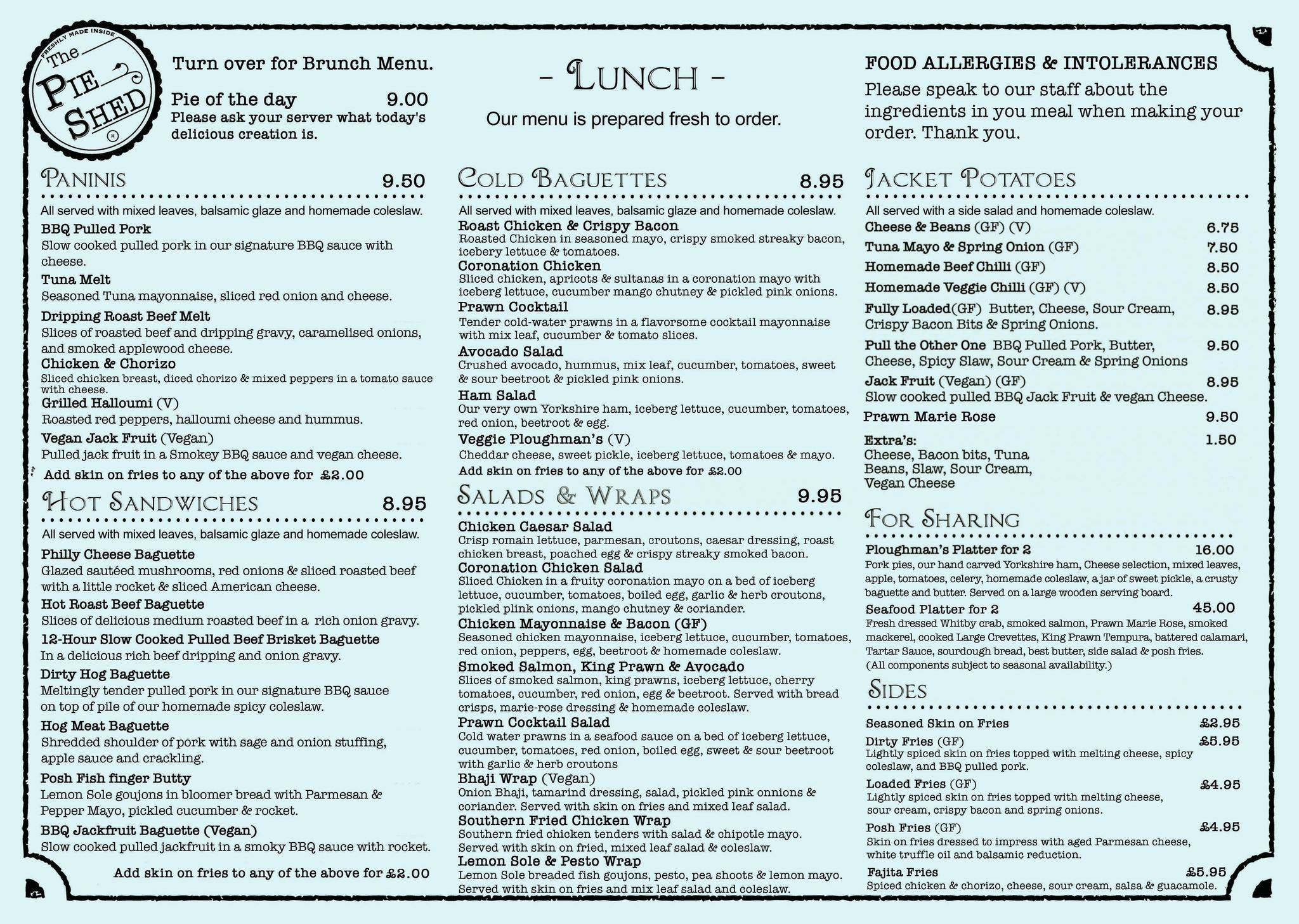 Menu at The Pie Shed Mirfield cafe, Mirfield