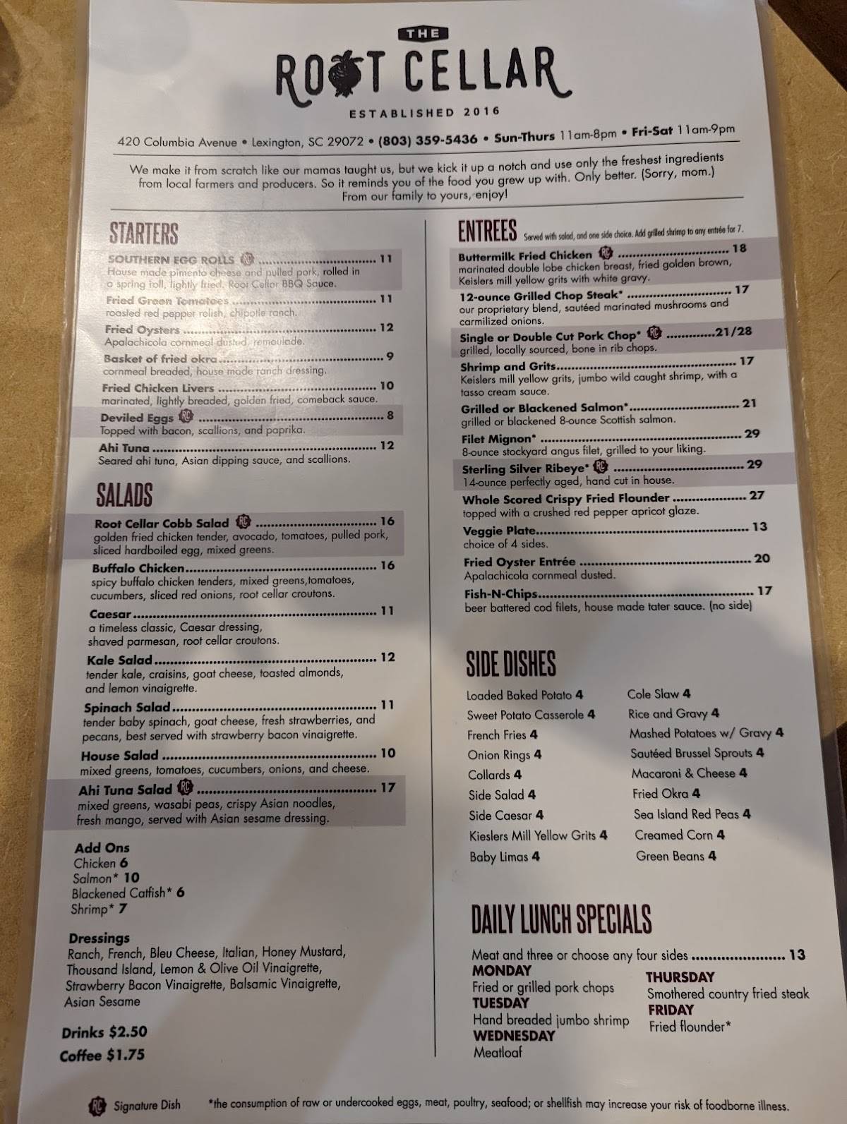 Menu at The Root Cellar restaurant, Lexington