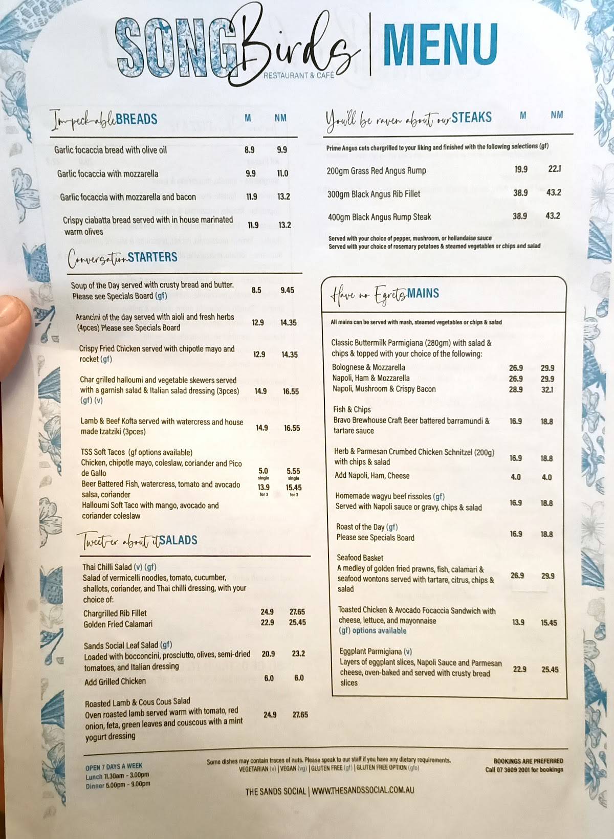 Menu at The Sands Social restaurant, Sandgate