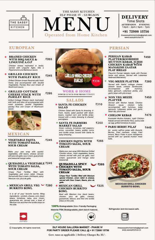 The Sassy Kitchen menu