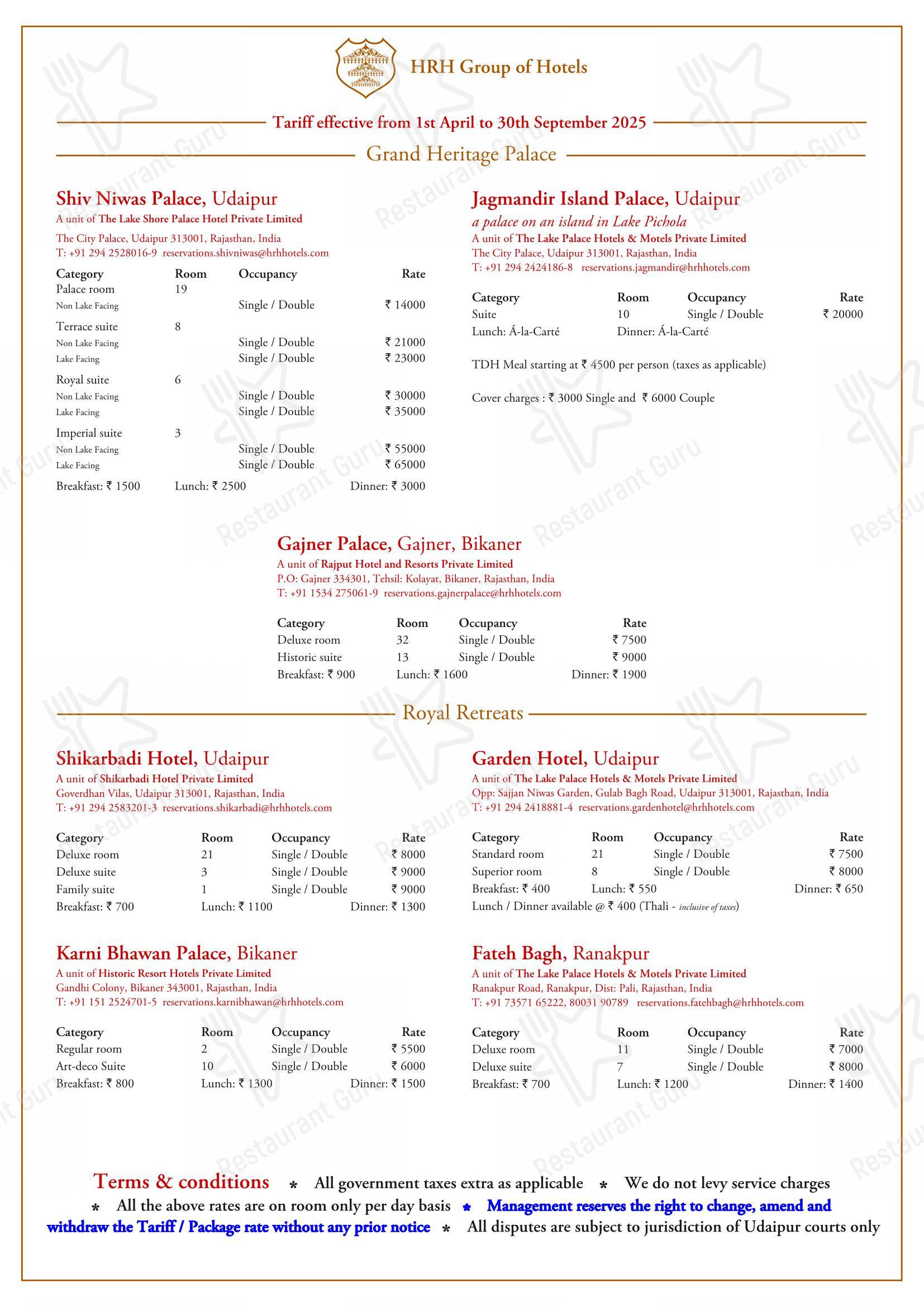 Menu bar for the The Sunset Terrace, Fateh Prakash Palace restaurant