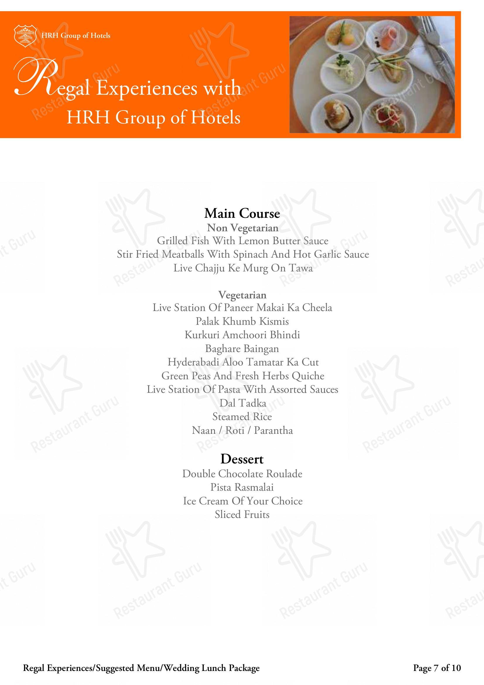 Основное меню for the The Sunset Terrace, Fateh Prakash Palace restaurant