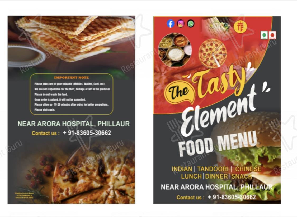 The Tasty Element menu - meals and drinks