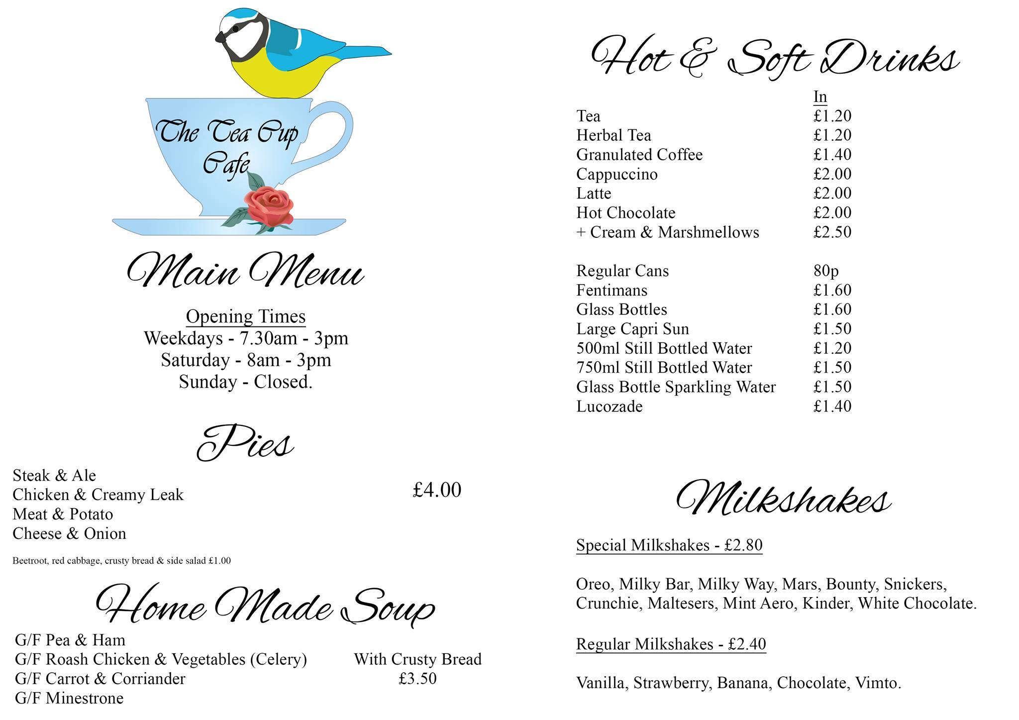 Menu at The Tea Cup Cafe, Manchester