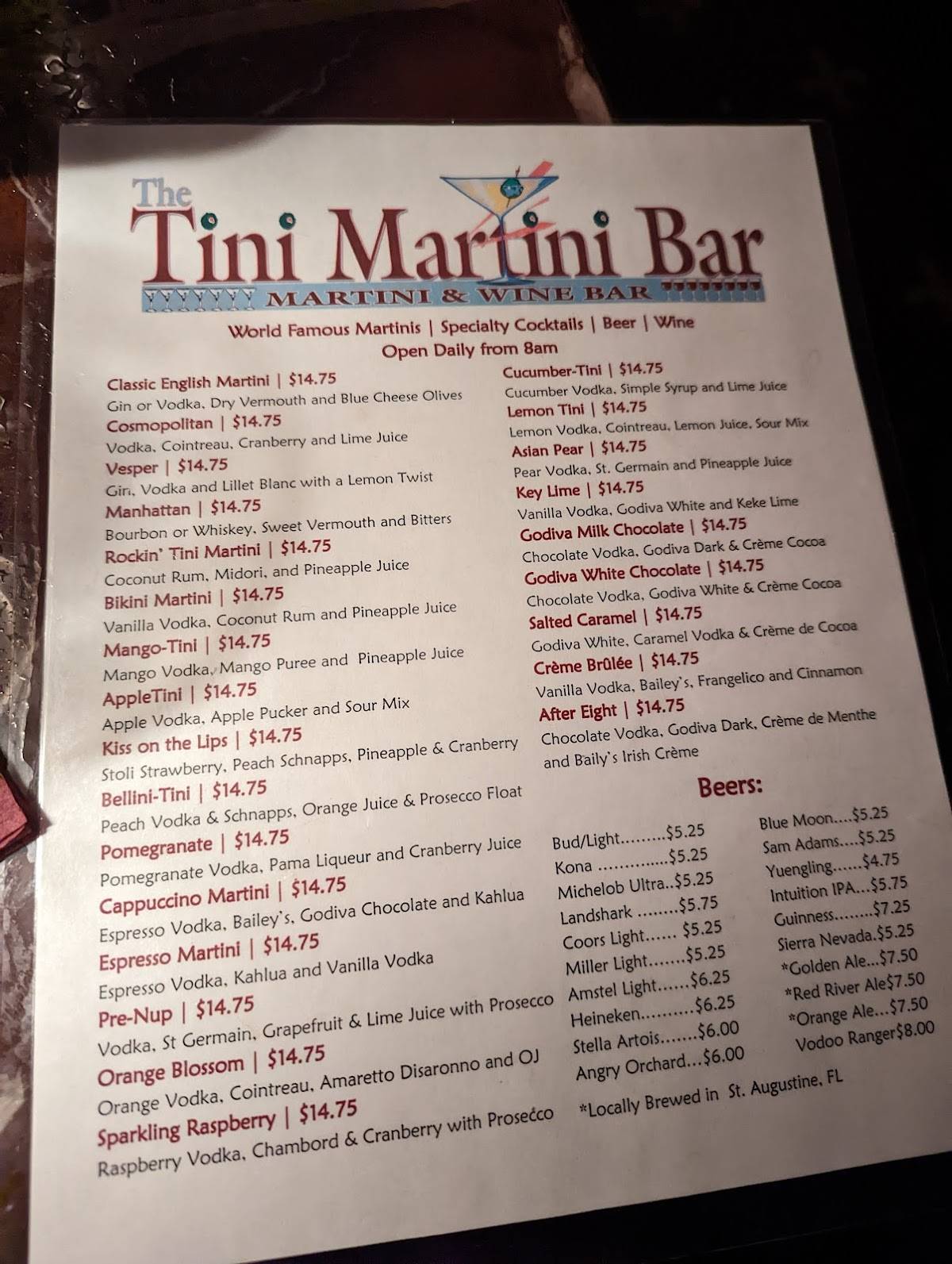 Menu at The Tini Martini Bar, St. Augustine