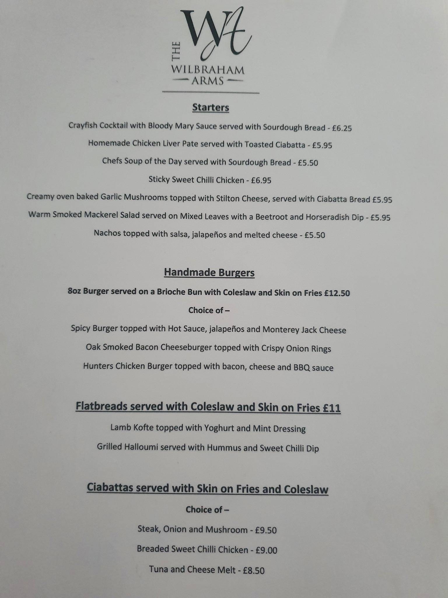 Menu at The Wilbraham Arms, Alsager pub & bar, Rode Heath
