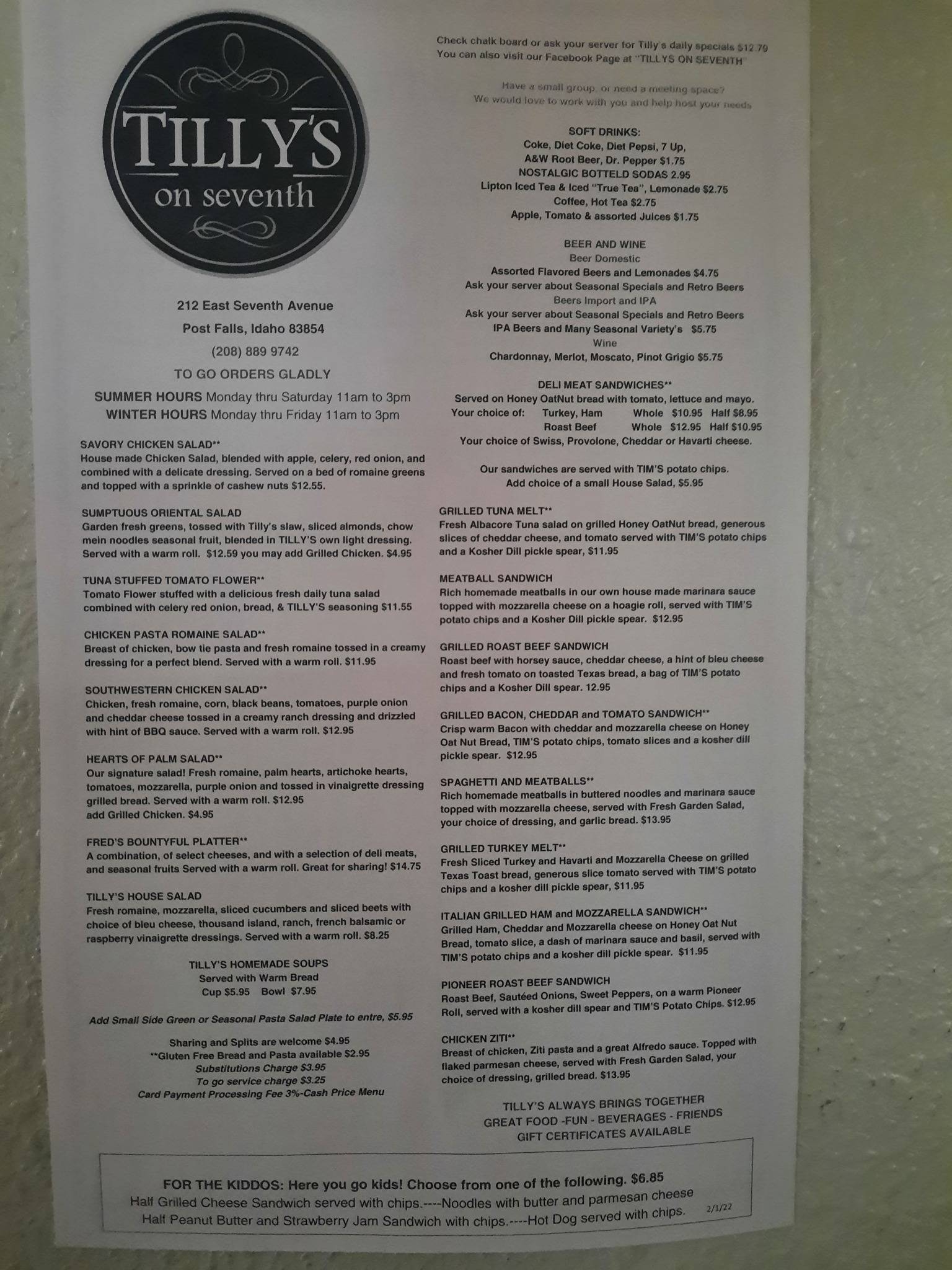 Menu at Tilly's Restaurant, Post Falls