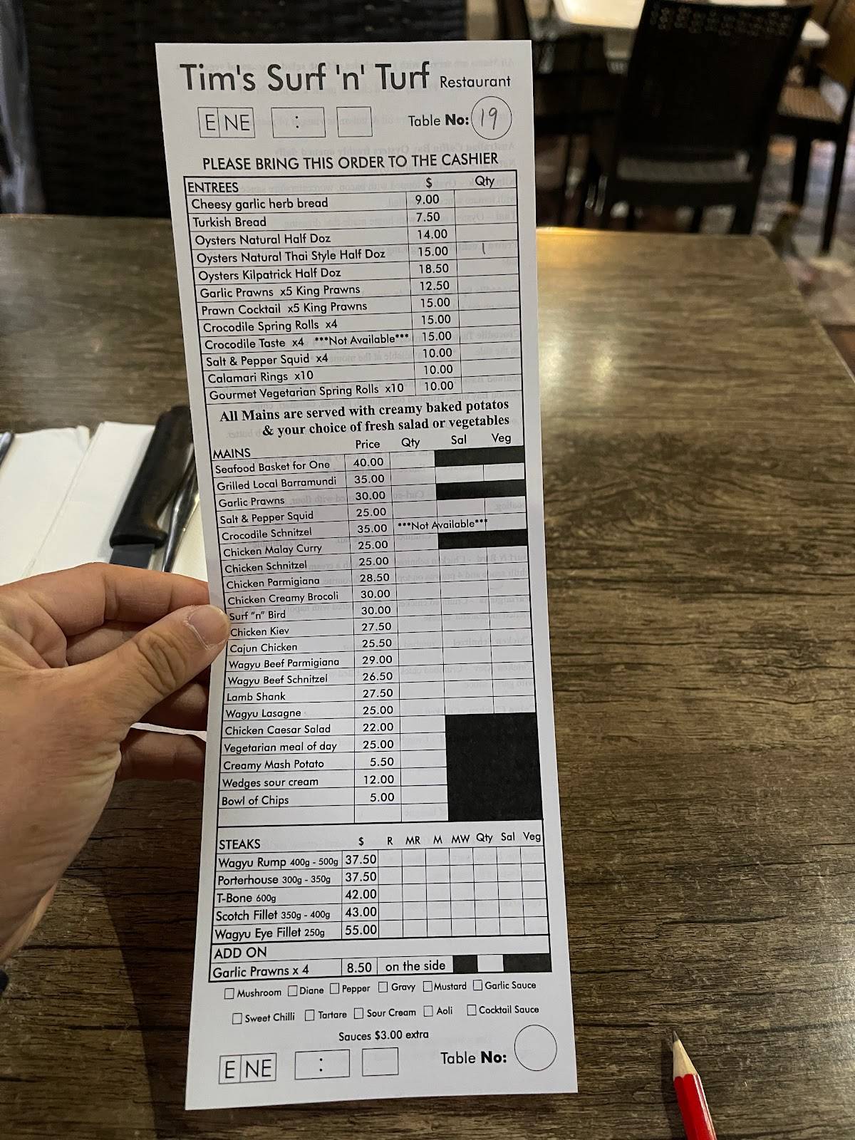 Menu at Tim