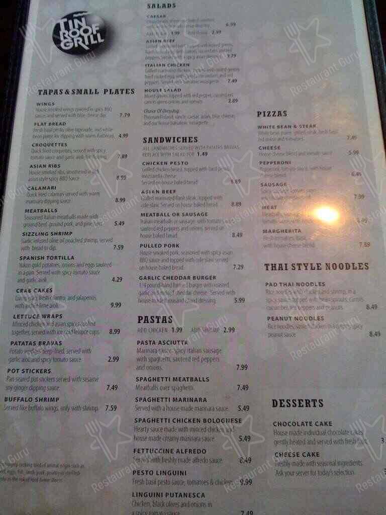 Tin Roof Grill menu