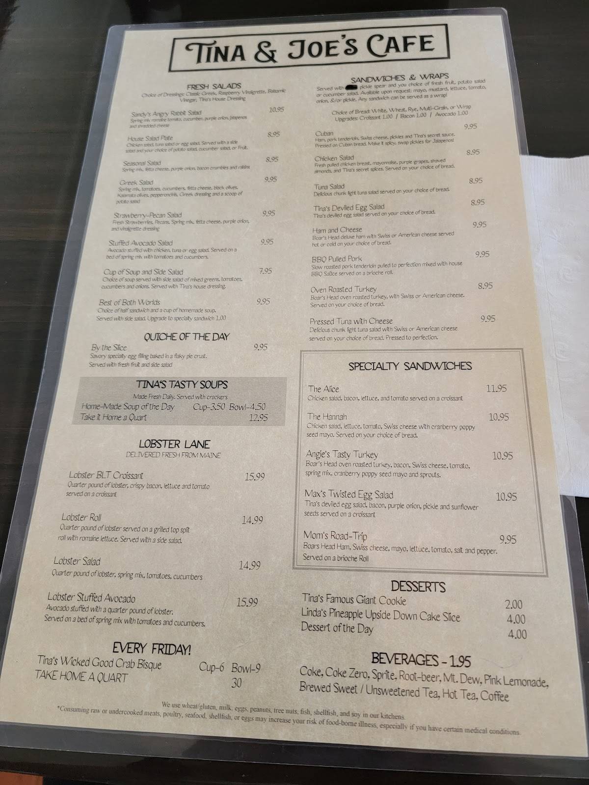 Menu at Tina & Joe’s Cafe, Zephyrhills