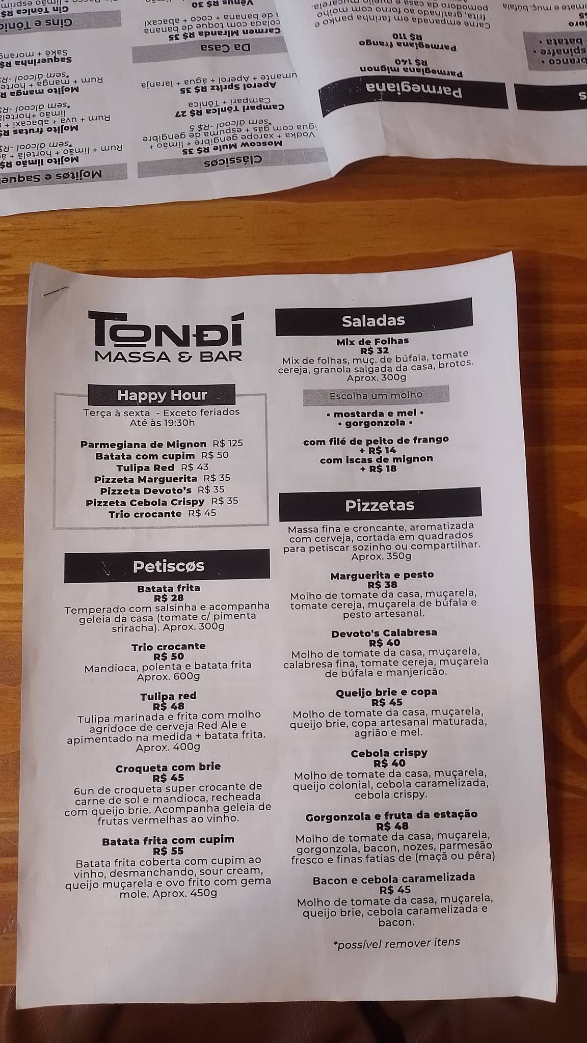 Tondí Massa e Bar cardápio