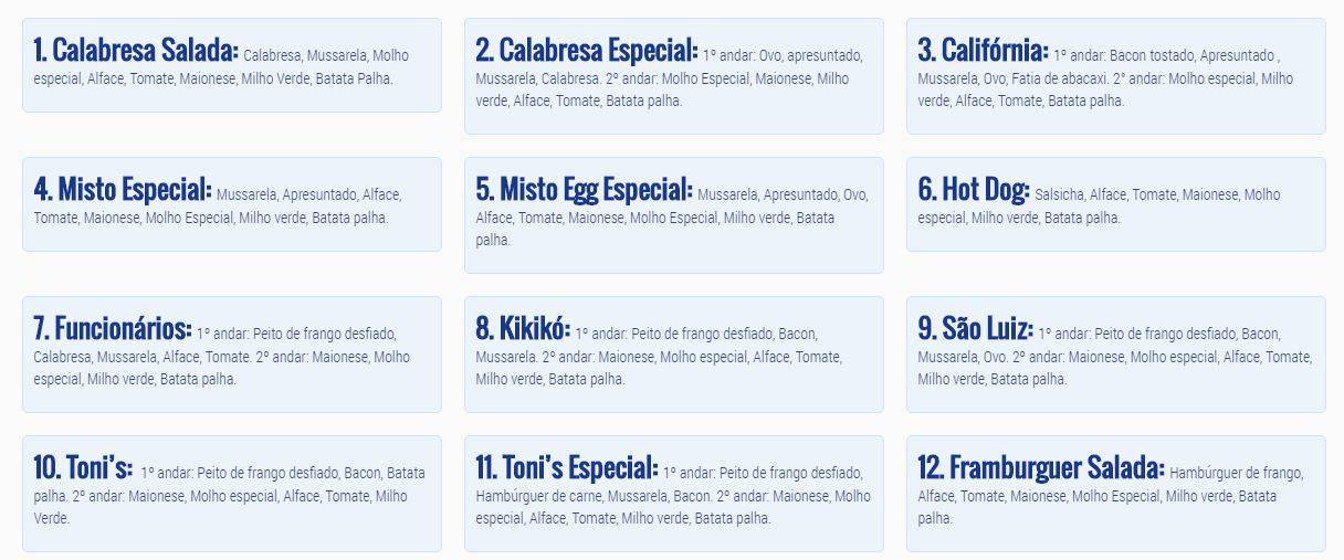 Toni's Lanches cardápio
