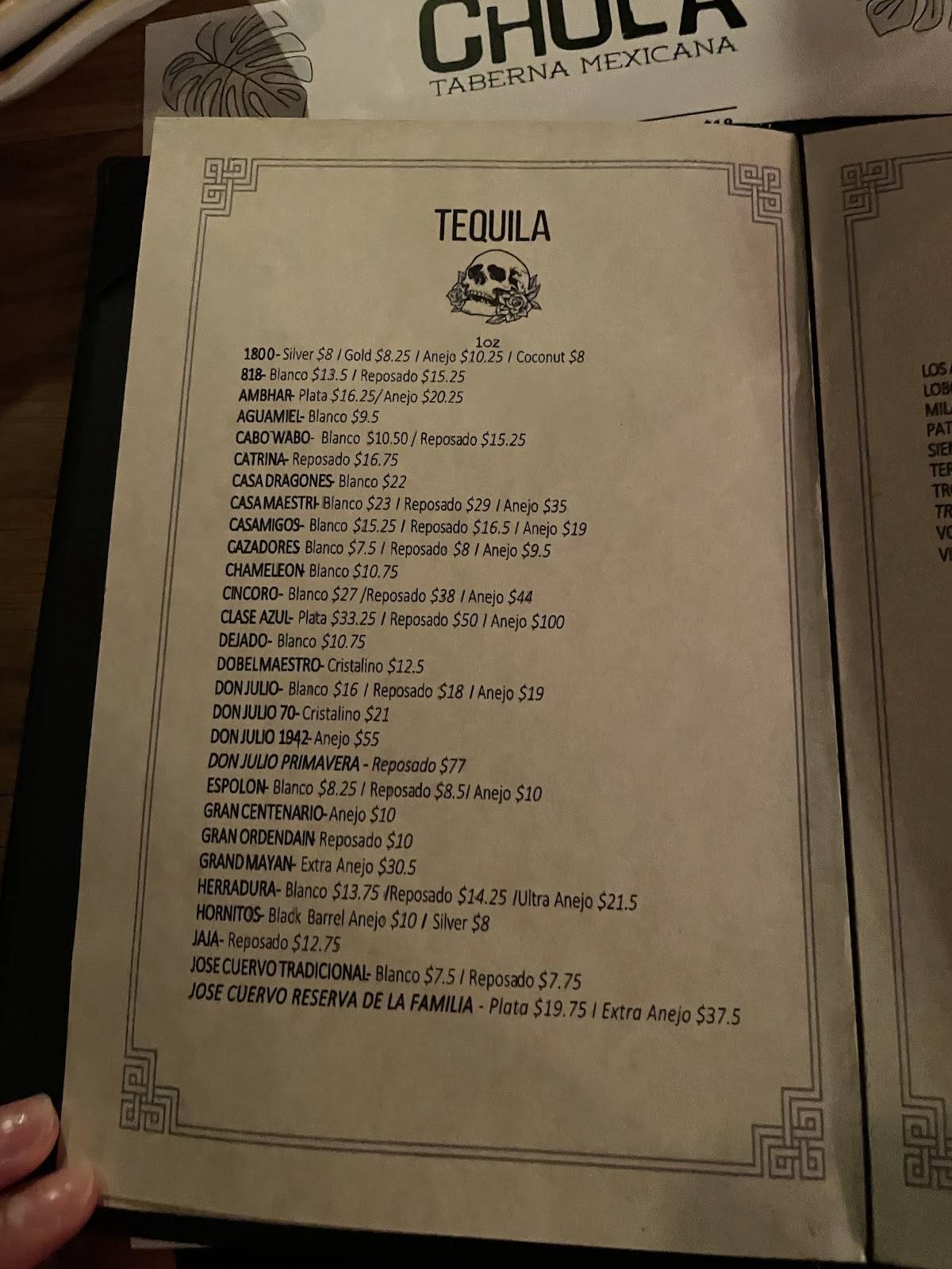 Menu de Chula Taberna Mexicana