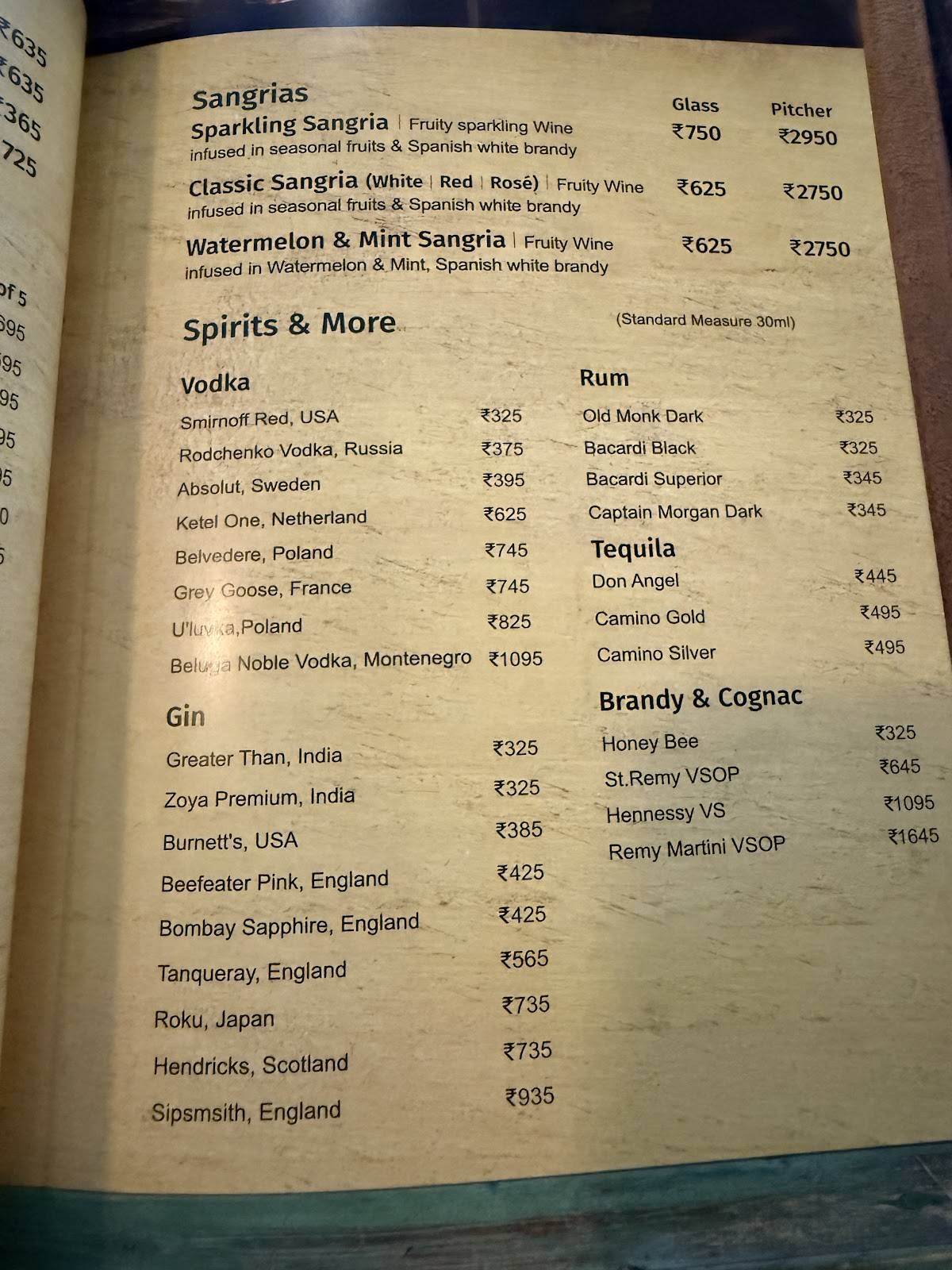 Toscano menu