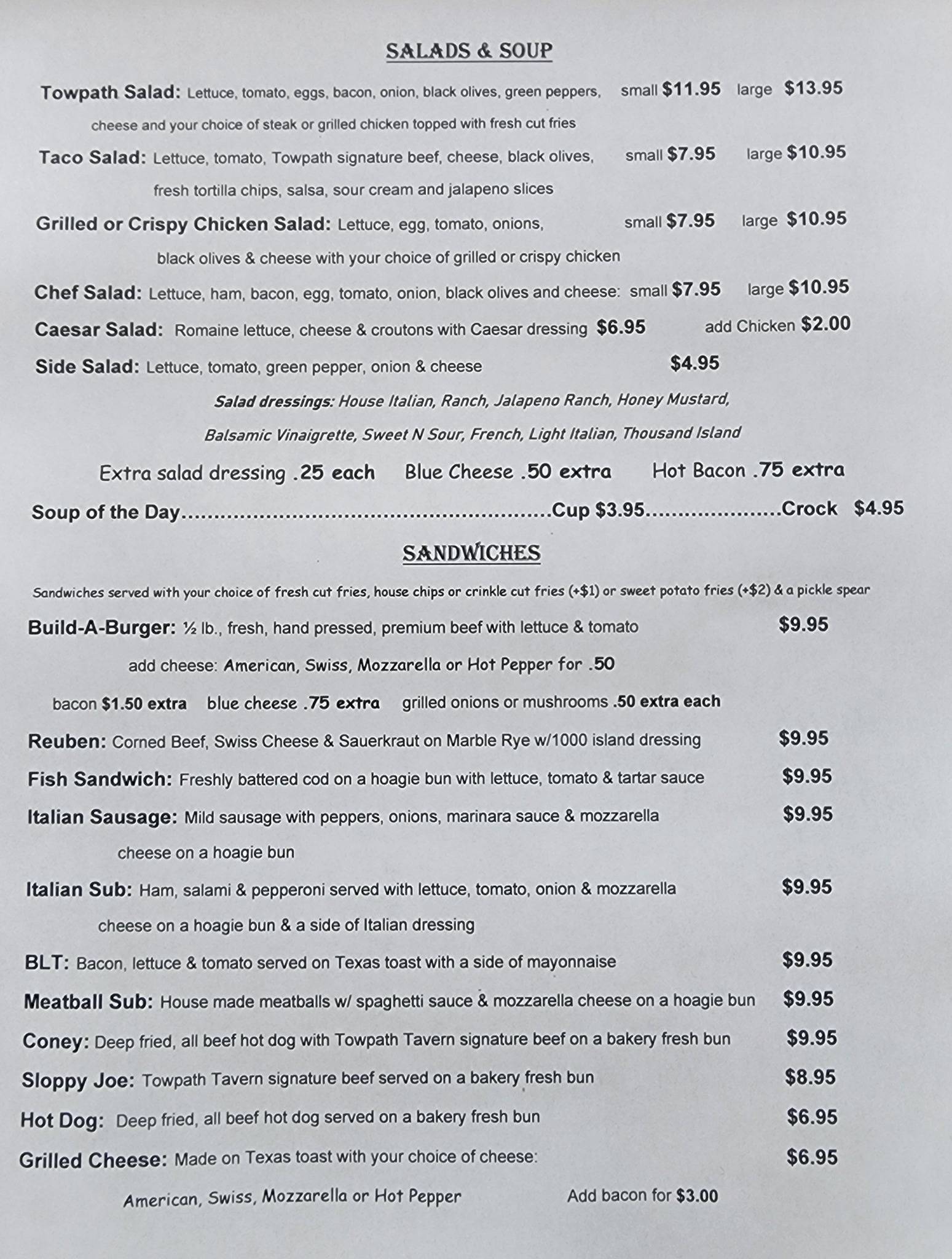 Menu at Towpath Tavern restaurant, Bolivar, 225 Canal St