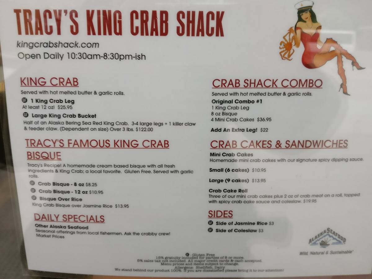 Menu at Tracy’s King Crab Shack restaurant, Juneau, 432 S Franklin St