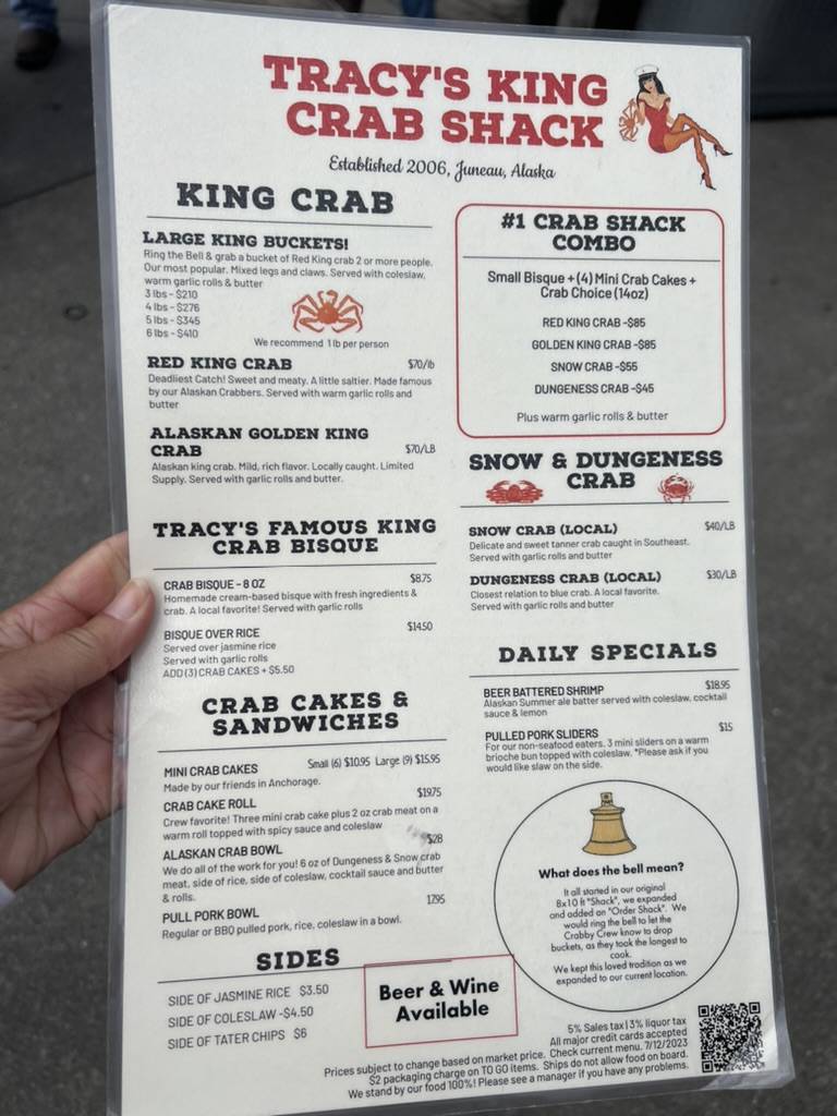 Menu at Tracy’s King Crab Shack restaurant, Juneau, 432 S Franklin St