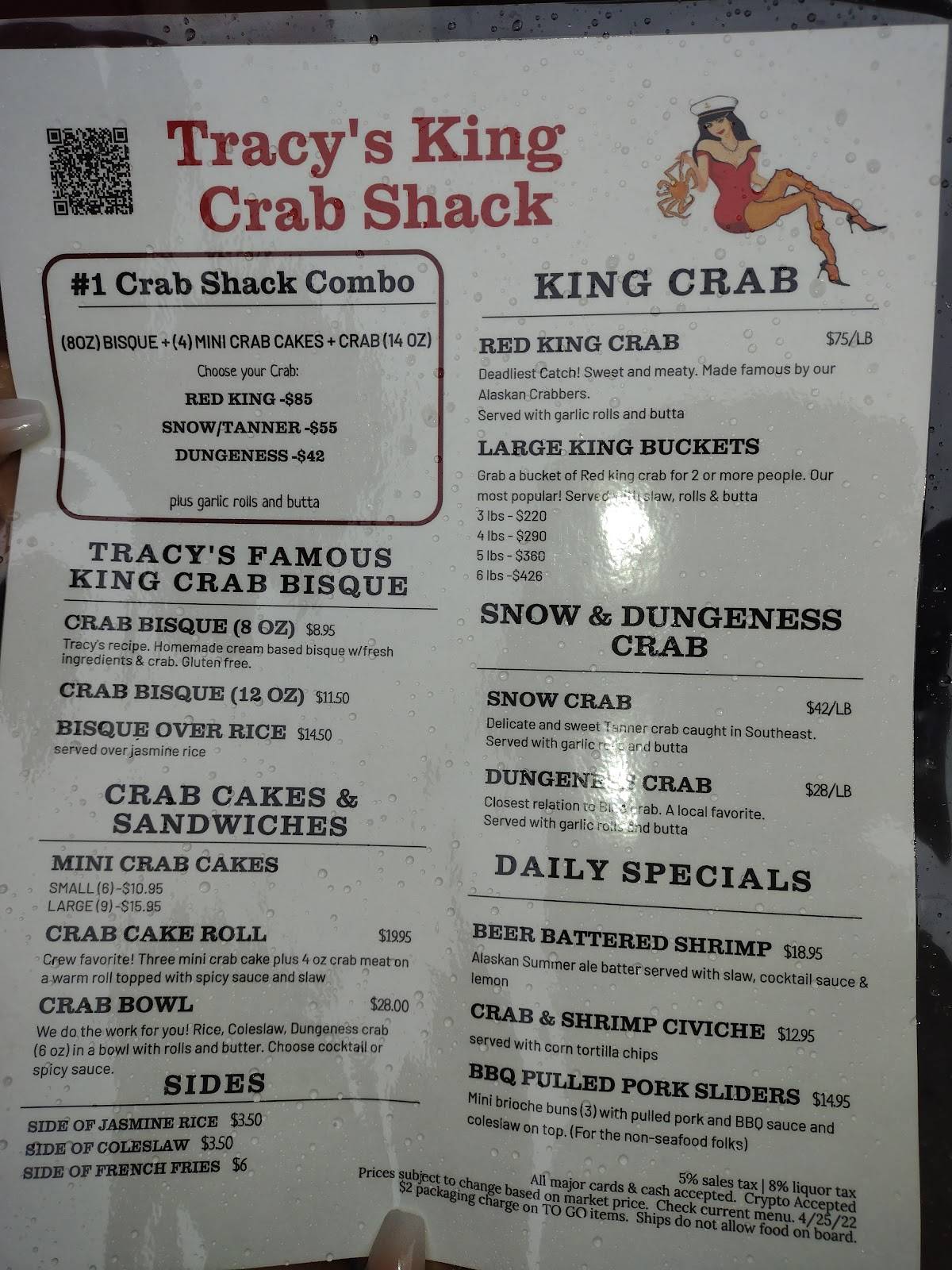 Menu at Tracy’s King Crab Shack restaurant, Juneau, 432 S Franklin St