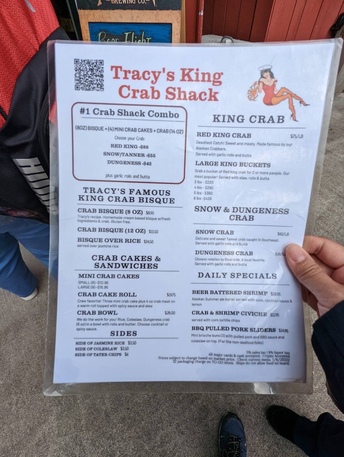 Menu at Tracy’s King Crab Shack restaurant, Juneau, 432 S Franklin St