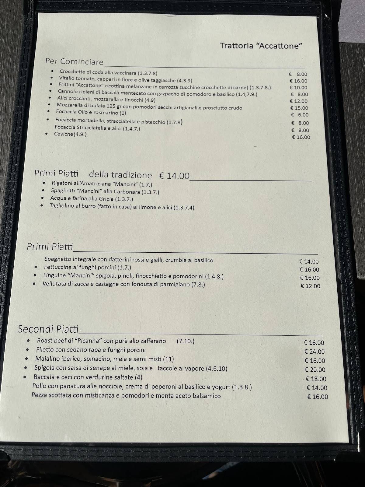 Menu di Trattoria Accattone 