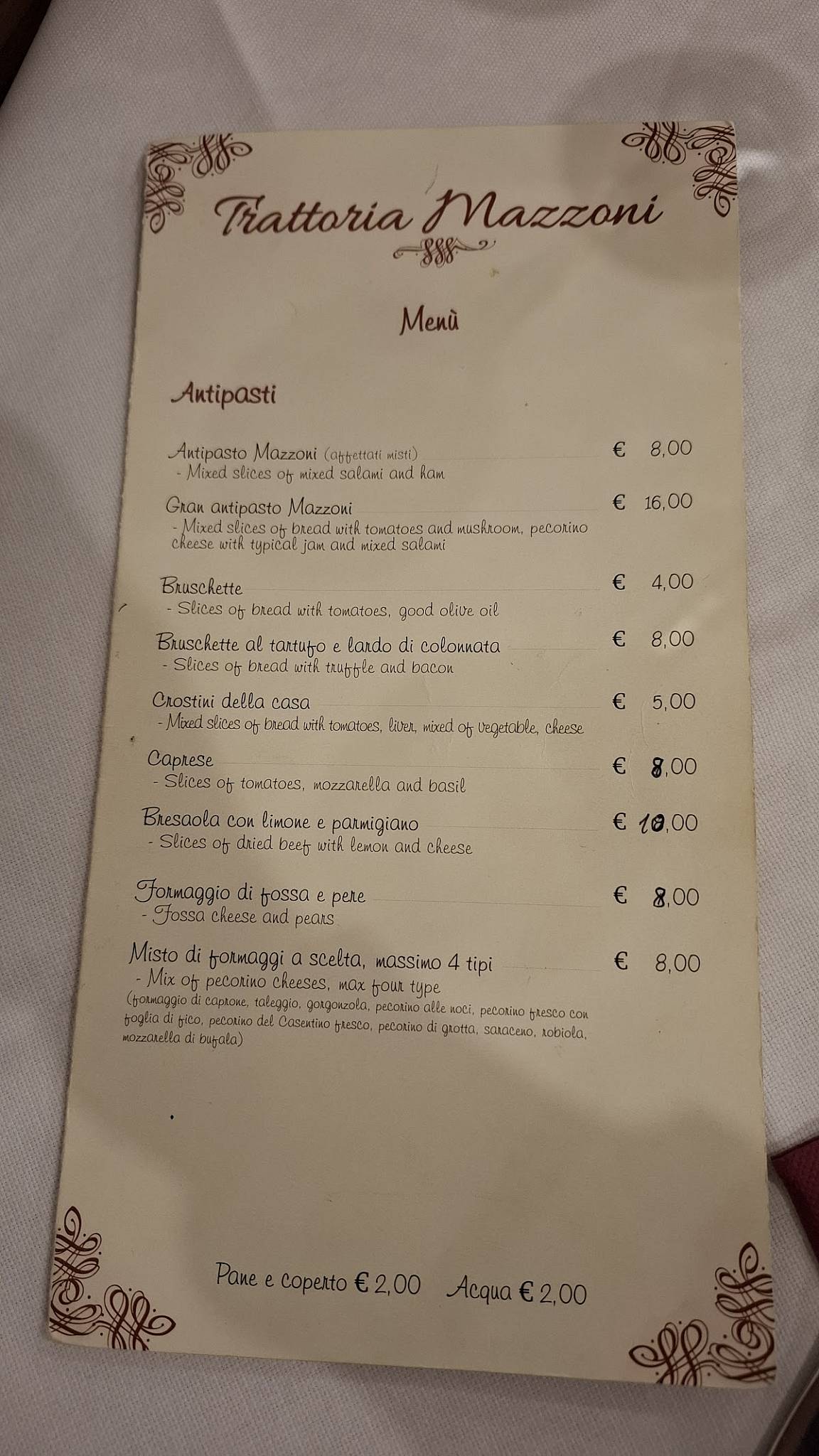 Menu di Trattoria Mazzoni 