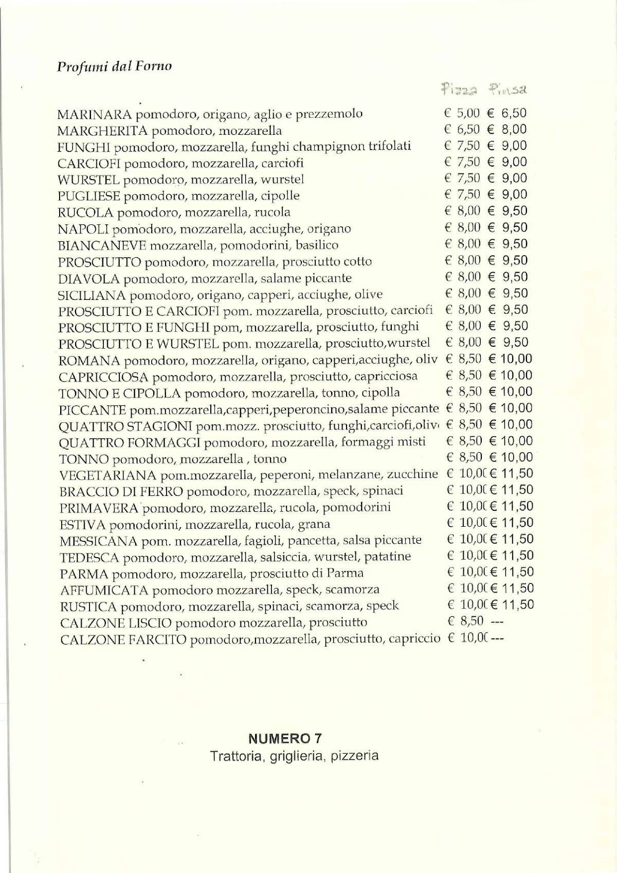 Menu di Trattoria Pizzeria Griglieria Numero7 