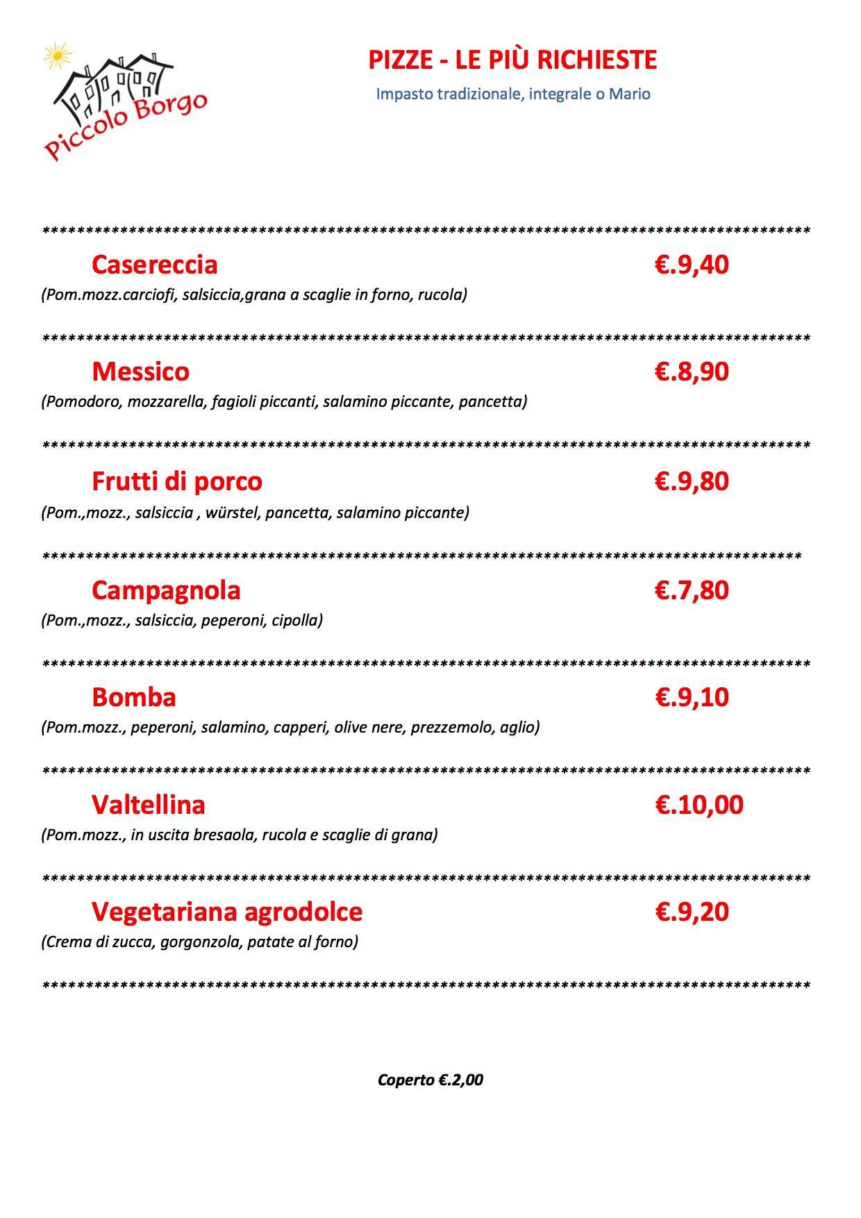 Menu di Trattoria Pizzeria Piccolo Borgo 